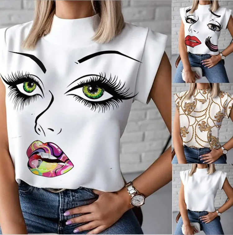 

Fashion Women Elegant Lips Print Tops and Blouse Shirts 2021 Summer Ladies Office Casual Stand Neck Pullovers Eye Blusa Tops