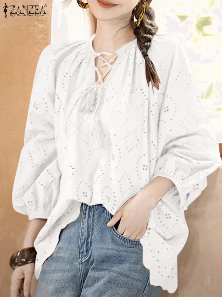 

ZANZEA Autumn Lace Crochet Shirt Women Bohemain Holiday Blouse Stylish Long Sleeve Work Tops Elegant V Neck Lace Up Blusas Tunic