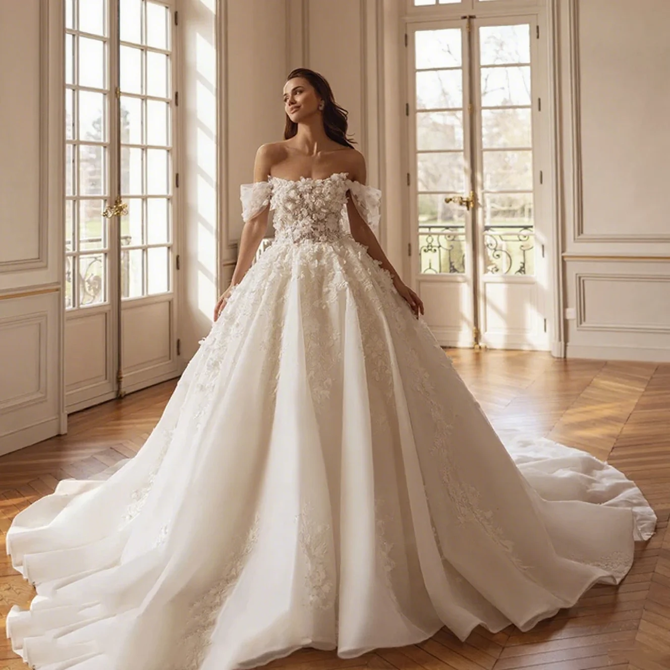 Charming Off Shoulder Bridal Ball Dress Luxury Bead Decoration 3D Flower Decal Church Train Princess Wedding Dress Custom