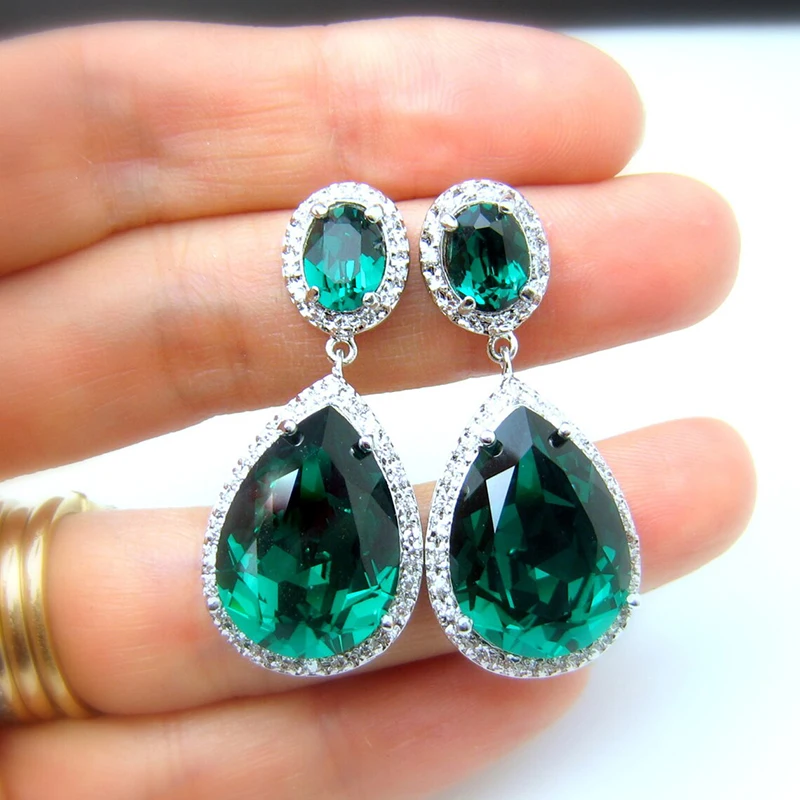 Huitan Gorgeous Pear Cubic Zirconia Dangle Earrings Blue/Green CZ Temperament Elegant Women Ear Accessories Anniversary Jewelry