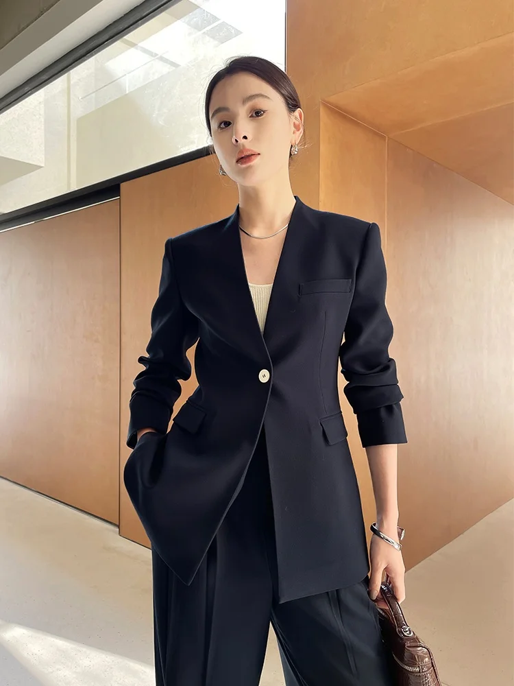 

Женский костюм MU королевского синего цвета, на одной пуговице, без воротника, премиум-класса, профессиональный, весна 2025, новинка, для офиса, приталенный крой