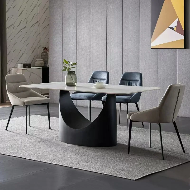 Grande table de salle à manger en marbre moderne, base en acier inoxydable bronze, ardoise noire personnalisée, 1.8