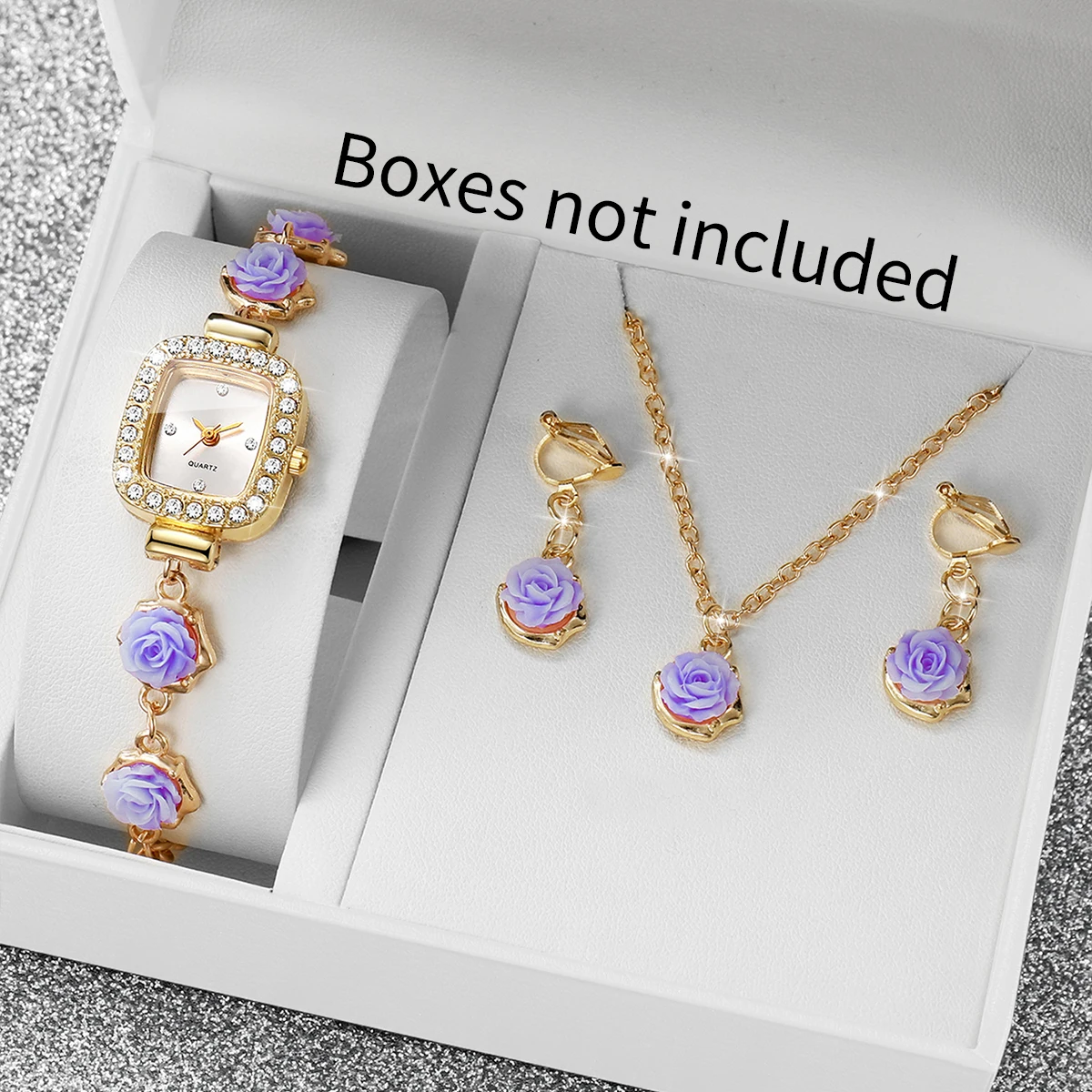 4PCS Fashion Women Watch Necklace Earrings Set Elegant Flowers Bracelet Strap Ladies Wristwatches Relogio Feminino（Without Box）