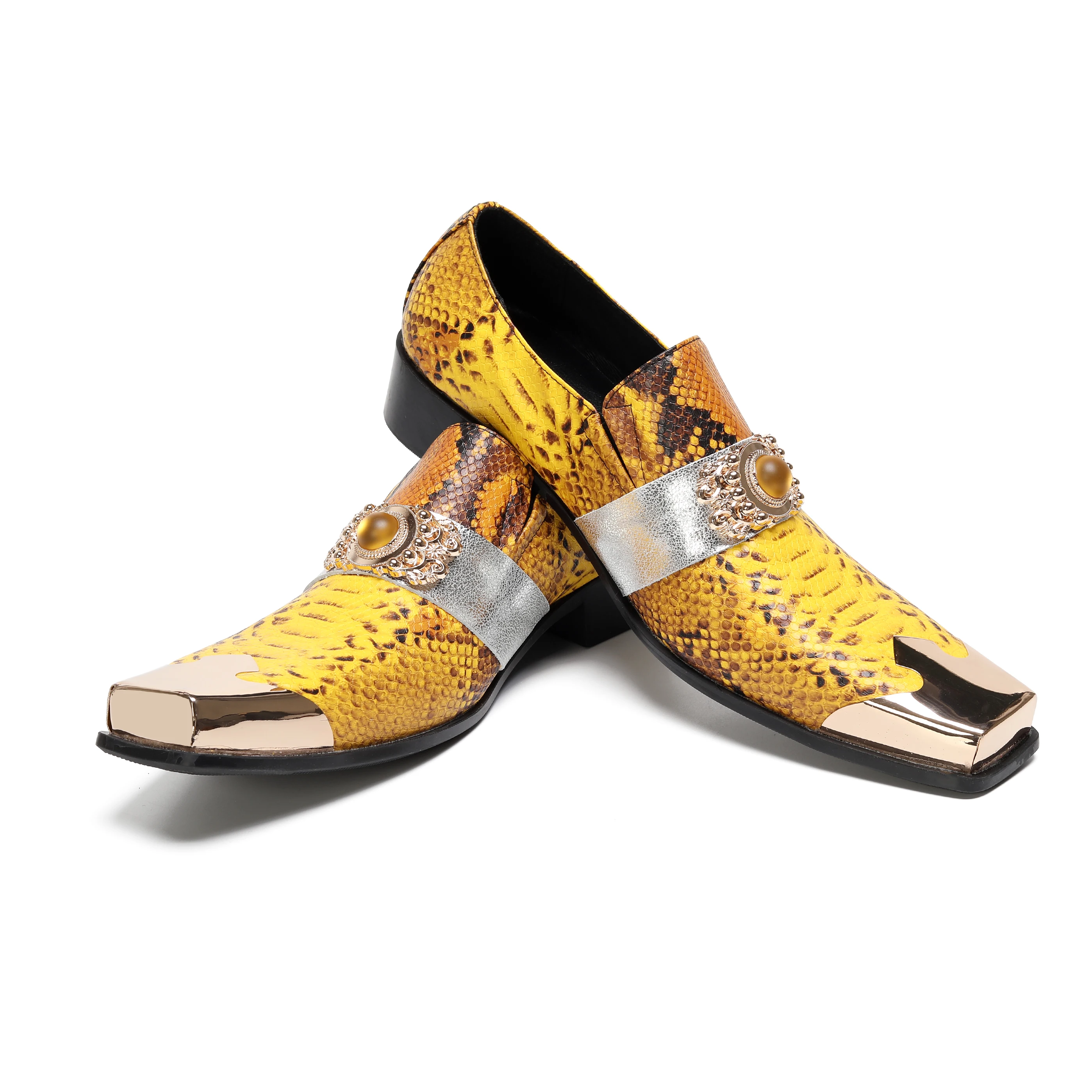 

Men Yellow Python Embossed Leather Loafers Punk Gothic Style Square Toe Gold Metal Cap Heel Slip On Streetwear Party Shoes 38-48