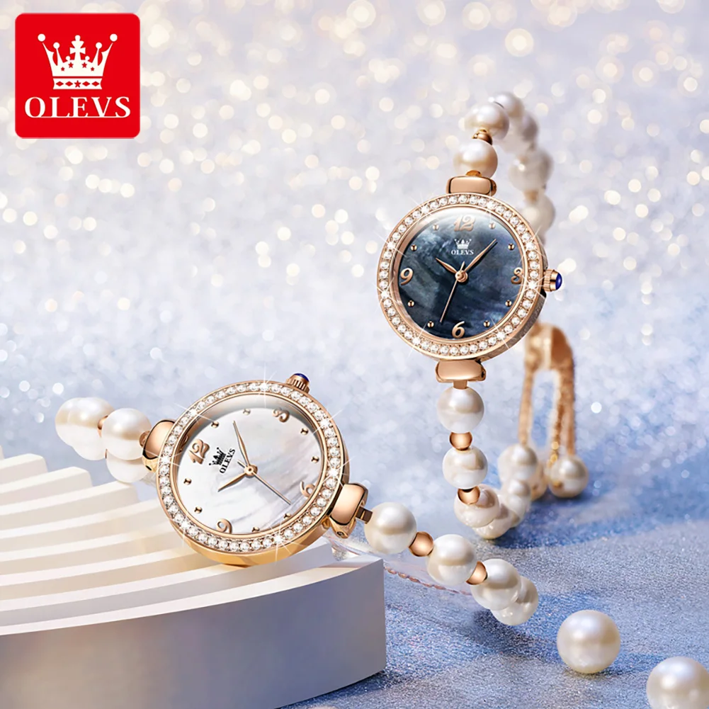 OLEVS 9968 Fashion Quartz Watch For Women Pearl Bracelet Strap Waterproof Wristwatch Number Scale Original Top Brand Woman Watch