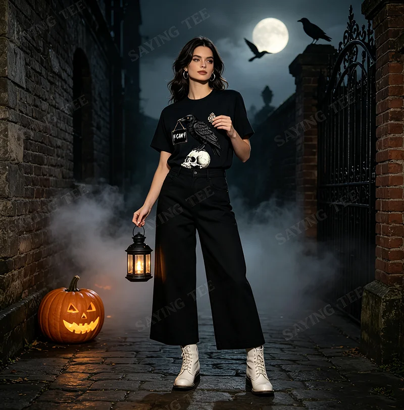 F-CAW-F Lustiges Rabenschädel-Halloween-Gothic-Grafik-T-Shirt Y2k Gruseliges Kunstwerk Damen Herren Kleidung Baumwolle Horror-Fans Neuheit Geschenk – Detail 5
