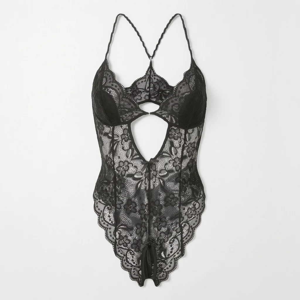 Women Lace Bodysuit Deep V Neck Backless Teddy With Bow Knot Sheer Open Crotch Lingerie For Sleepwear And Intimate Wear