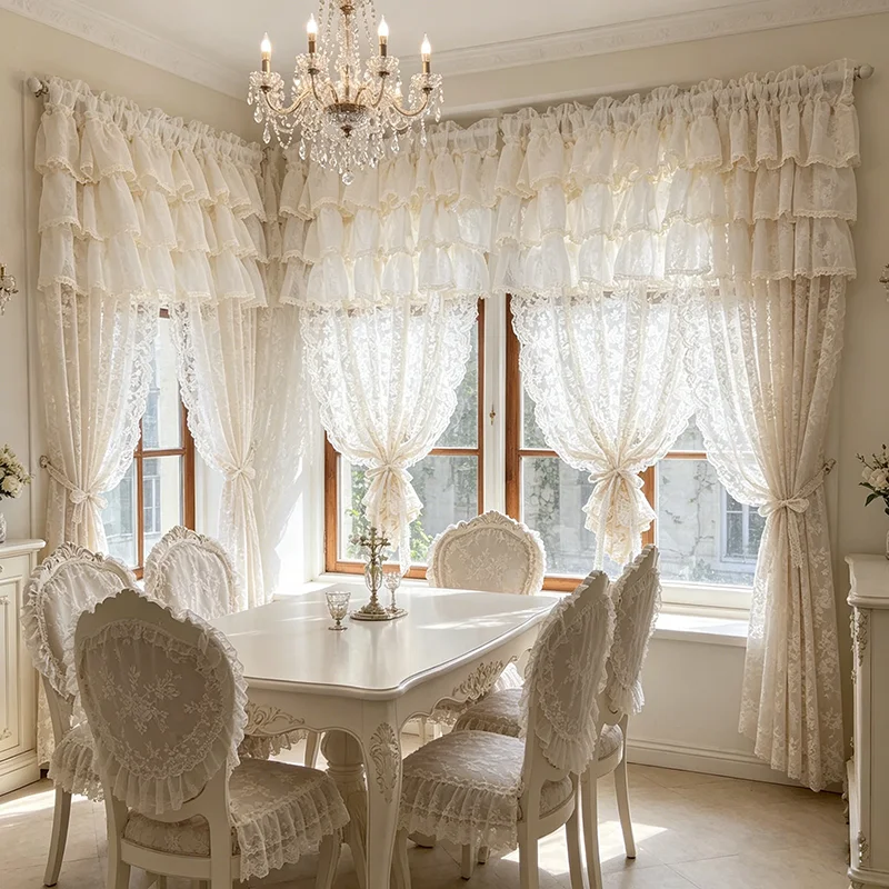 1PC French Retro Palace Style Flower Embroidery Tulle Curtain with Ruffled Top for Living Room Bedroom Door Excluding Tie Back