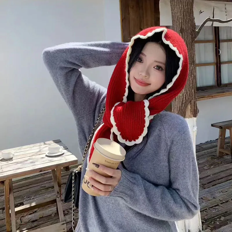 

Autumn Winter Balaclava Hat for Women Warm Hand Made Lace Beanie Wool Knitted Hat Soft Shawl Christmas Gift Versatile Fashion