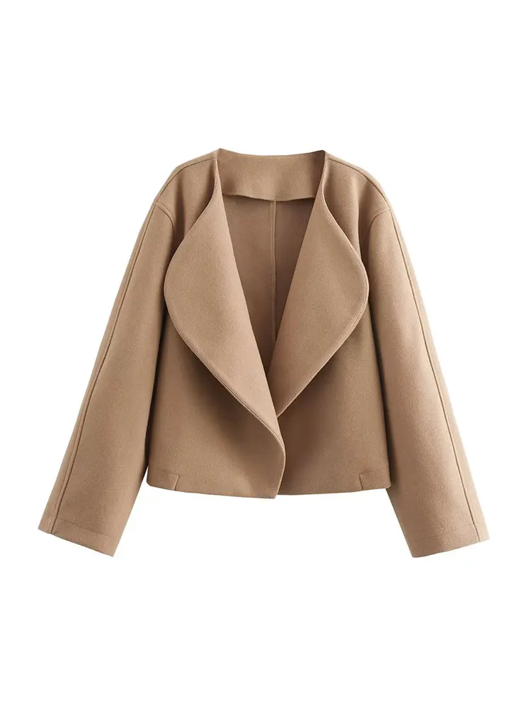 TRAF Autumn Women Elegant Lapel Cropped Jacket Long Sleeve Solid Short Cardigan Jackets Street Office Lady Casual Coats