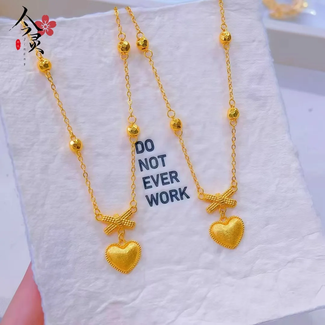 24K Gold AU999 Bowknot Heart Necklace Women's - Premium gold, romantic dual design, fits dates & daily commute