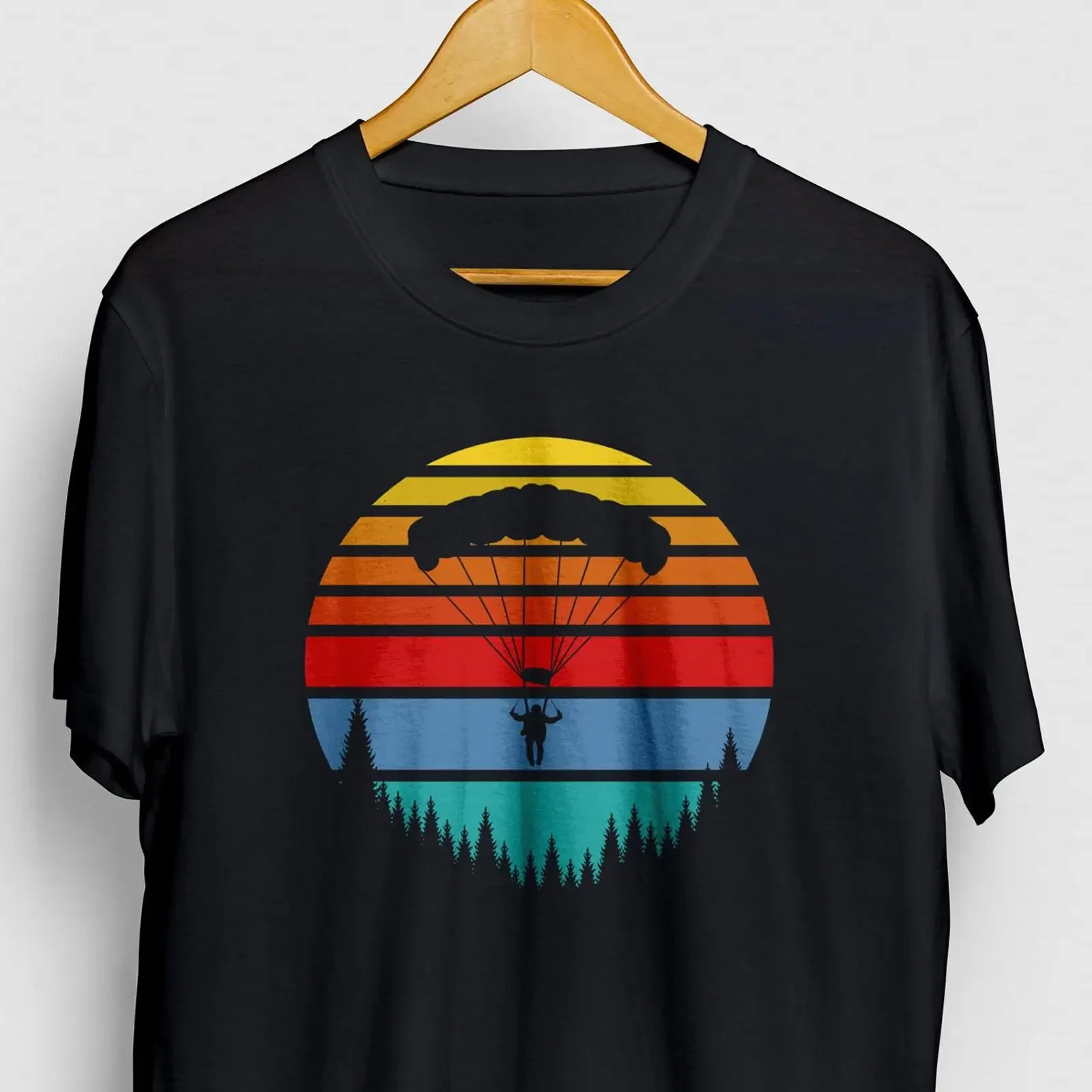 Camiseta retro de los años 80 con diseño de paracaidismo al atardecer, para paracaidistas, parapente y paracaidistas instructores, estilo vintage lavado, gráfico streetwear.