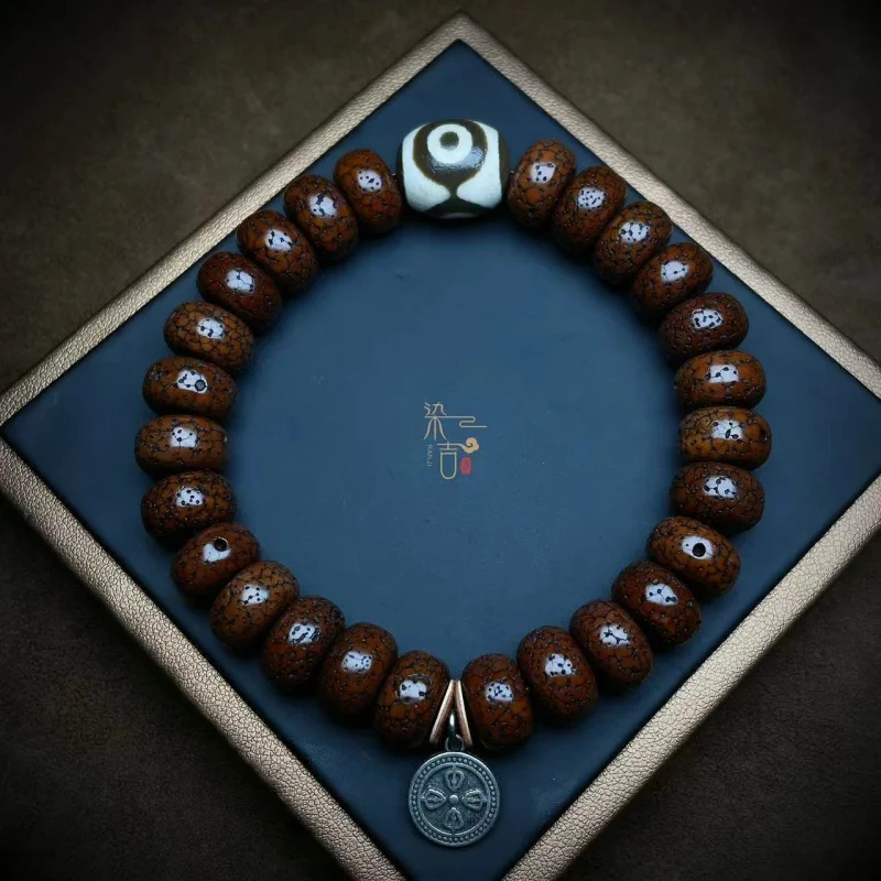 Tibetan-Style Cultural Item: 12-Section-Moon Bodhi Beads With Patina And Jade-Like, Fortune-Bringing Bracelet Made F