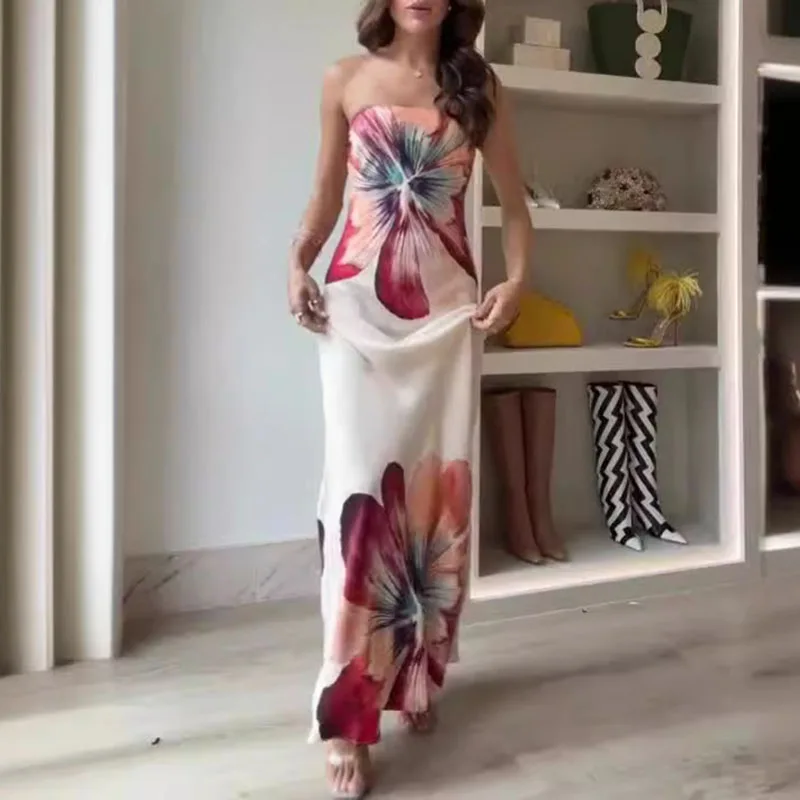 Summer Fashion Chic One Piece Women Robes Elegant Flower Print Off Shoulder Party Dress Sexy Slim Backless Strapless Women Dress