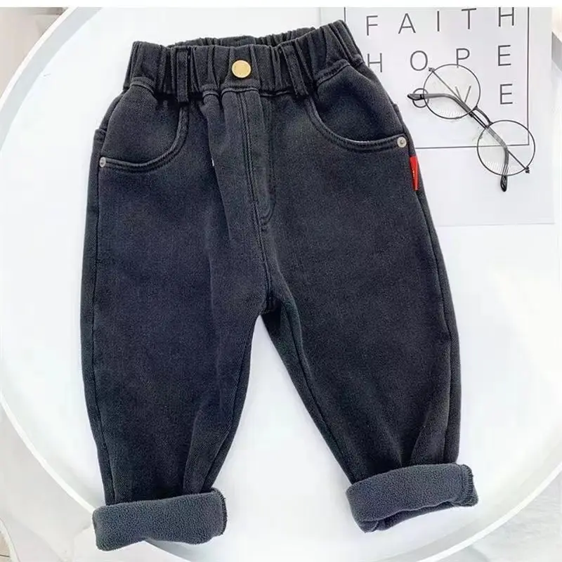 

Boy Jeans 2023 Velvet Winter Warm 2-7T Jeans for Girls Pants Boys Fall Outerwear Clothes Teenagers Trousers Kids Pant