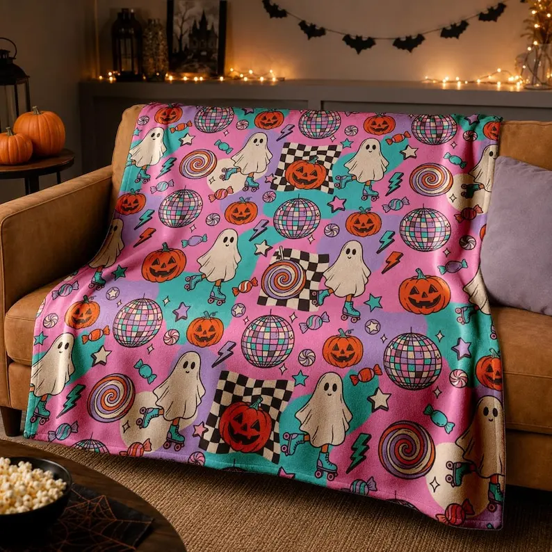 Retro Disco Halloween Blanket, Cute Ghost Throw Blanket, Pink Halloween Decor, Cozy Fall Couch Blanket, Halloween Gift for Her