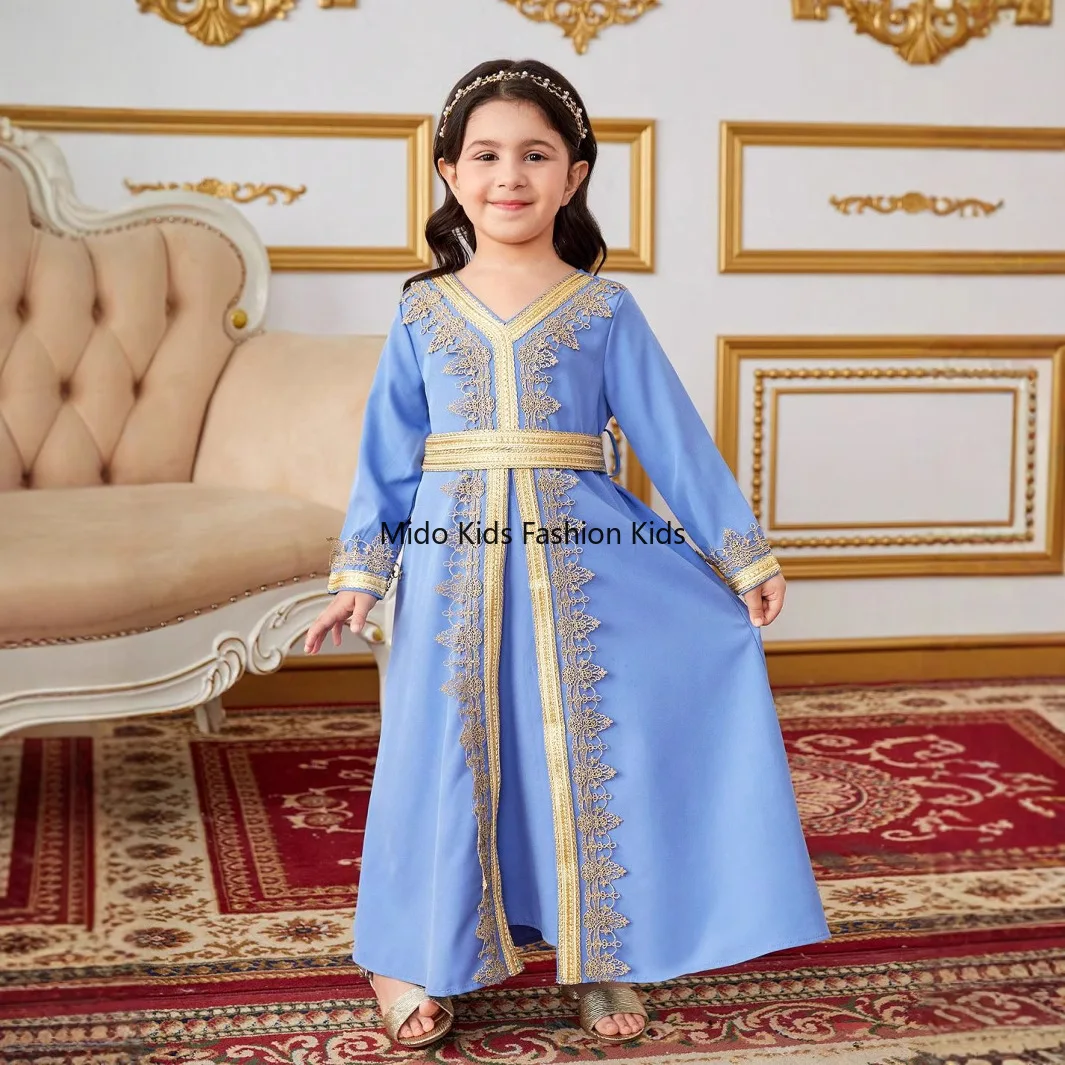 Middle East Arab small children's robe belt dress cross-border girls foreign trade Dubai girls lace dress v-neck