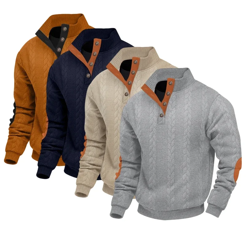 

Men's Casual Knitted Jacquard Sweaters Autumn Button Stand up Long-sleeved Pullover Half Turtleneck Sports Sweatershirt