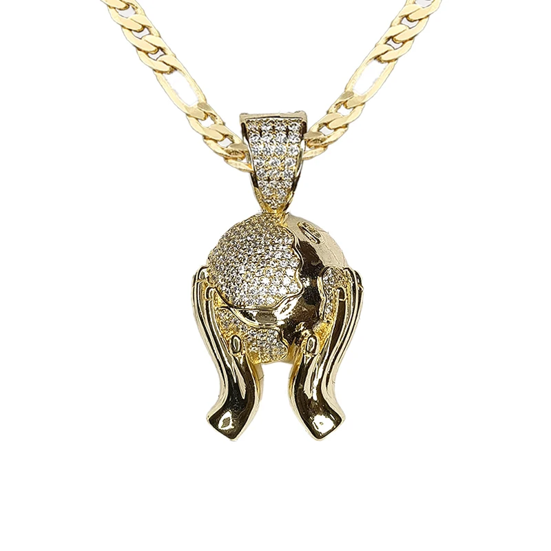 2023 Luxury Zircon Hand Holding The Earth Hip Hop 18K Gold Plated Pendant Jewelry For Women