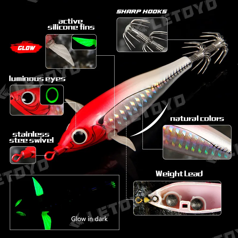 Como 1 peça isca dura brilho camarão gancho coroas brilhantes gabaritos de lula 3.0 # 3.5 #   Conjunto de isca de pesca marítima polvo de choco artificial