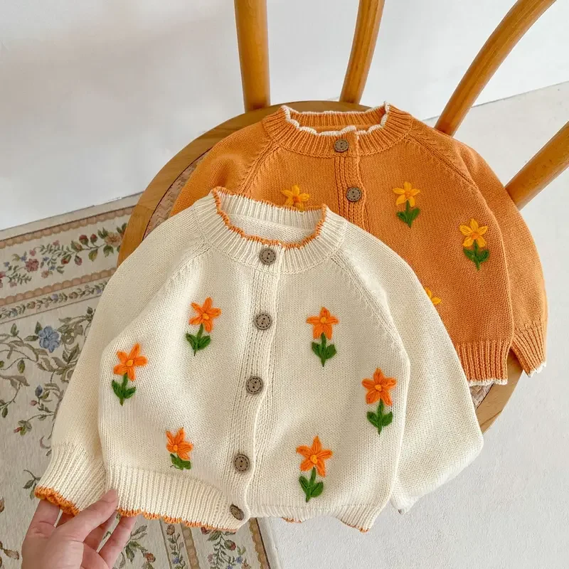 2024 new baby girl long sleeve knit cardigan infant autumn Princess flower embroidery sweater girls knitted jacket baby clothes