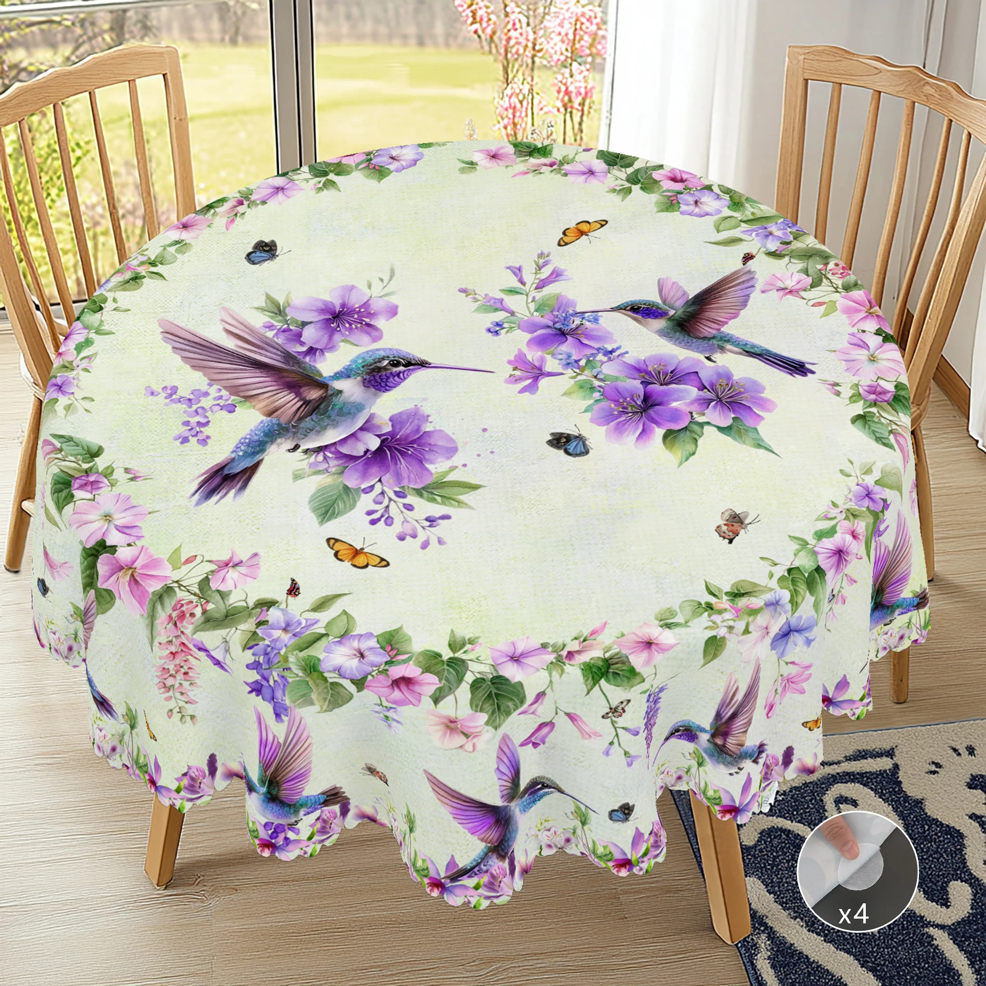 1 Piece of Hummingbird Floral Round and Rectangular Tablecloth, Available in Various Sizes, Featuring a Hummingbird with Blue Feathers Flapping Its Wings Intertwined with Elegant Pink and Purple Hibiscus Flower Clusters, Adorned with Fluttering Butterflies and Lush Green Leaves, with Embossed Edges, Suitable for Family Gatherings, Patio Gardens, Spring Atmosphere Decoration, and Four-Season Home Decor