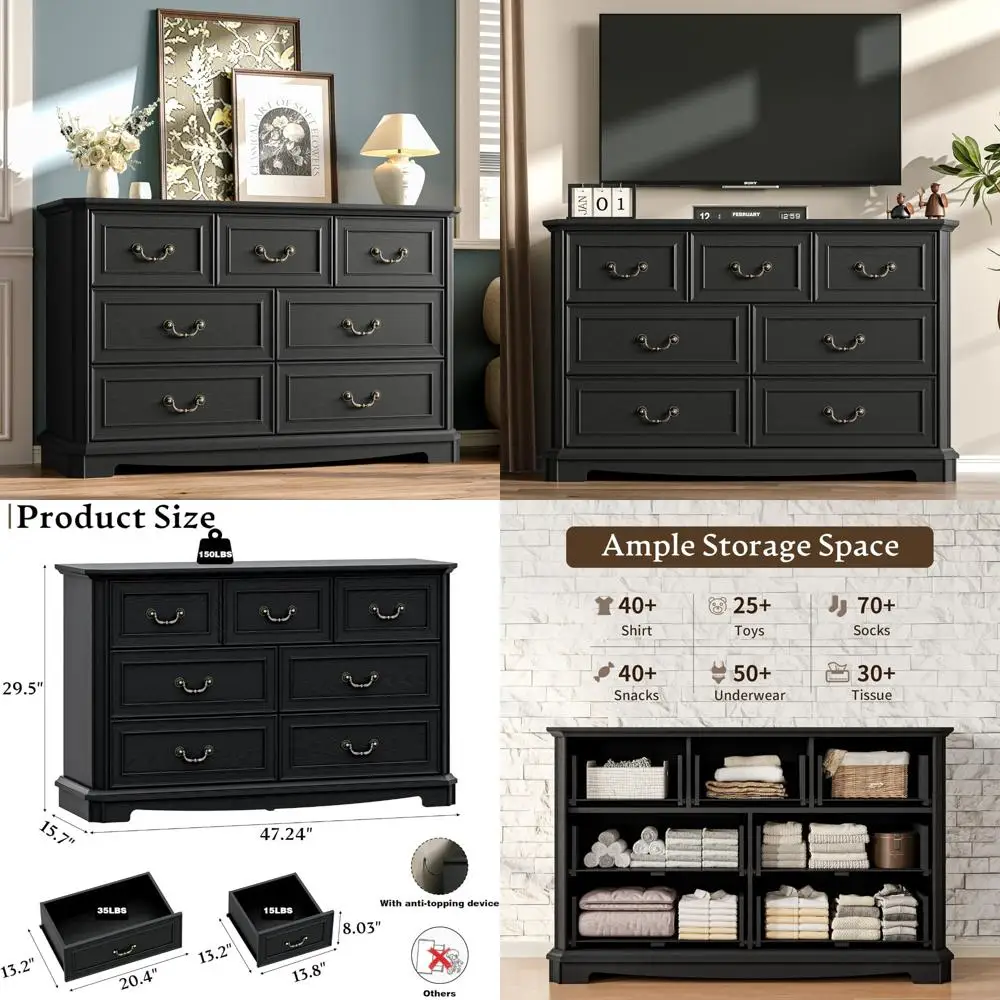 

Rustic 7-Drawer Bedroom Dresser, 48 Wide Vintage Wood Chest with Metal Handles