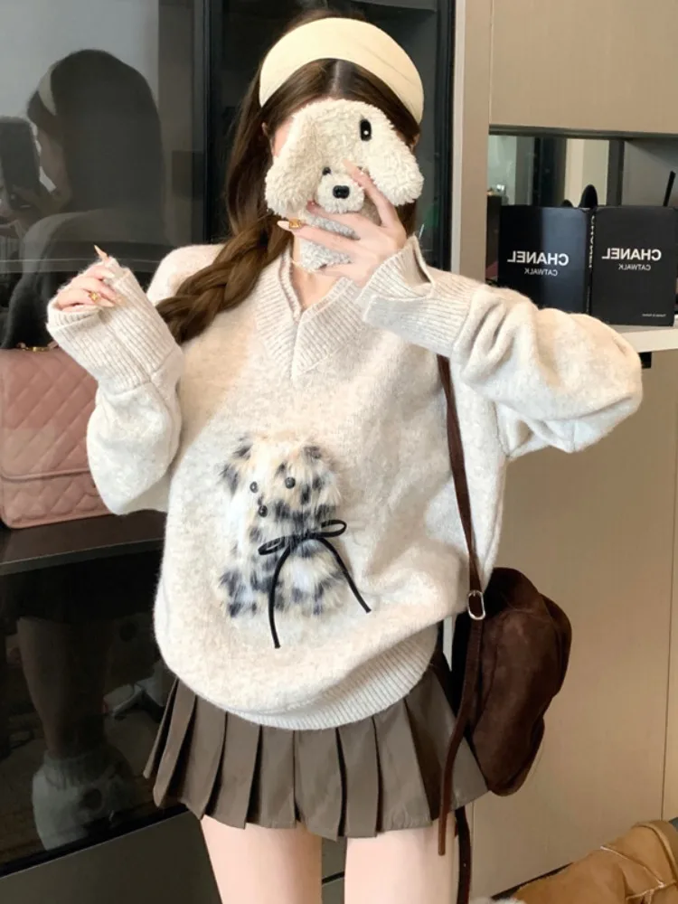

Knot Plush Long Sleeve Knitted Sweater Women's Winter Loose Soft Style V-Neck Overhead Top Light Beige Color