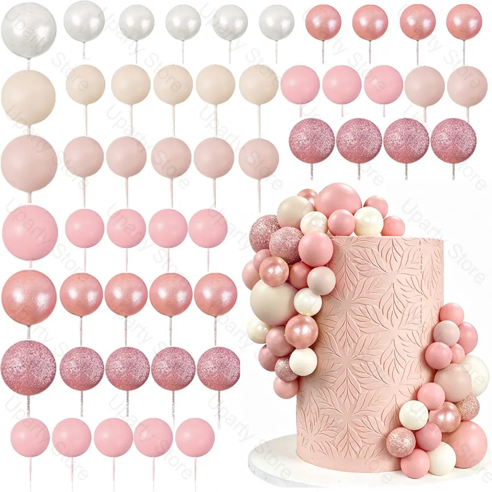 55pcs Blush Pink Ball Cake Toppers Glitter Rose Gold Nude Light Pink Cake Balls for Birthday Baby Shower Wedding Cake Decoration view 2