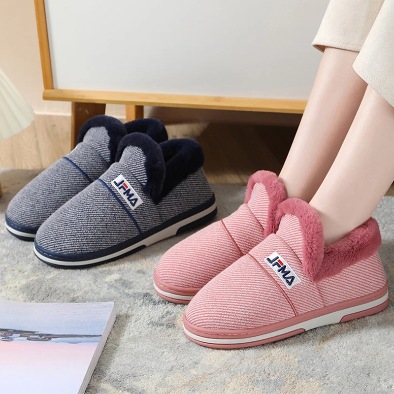 Winter Home Men Slippers Stripe Warm Shoes Furry Indoor Slippers Plus Size Male House Slippers Wrapped Heel Platform Sole 46/47