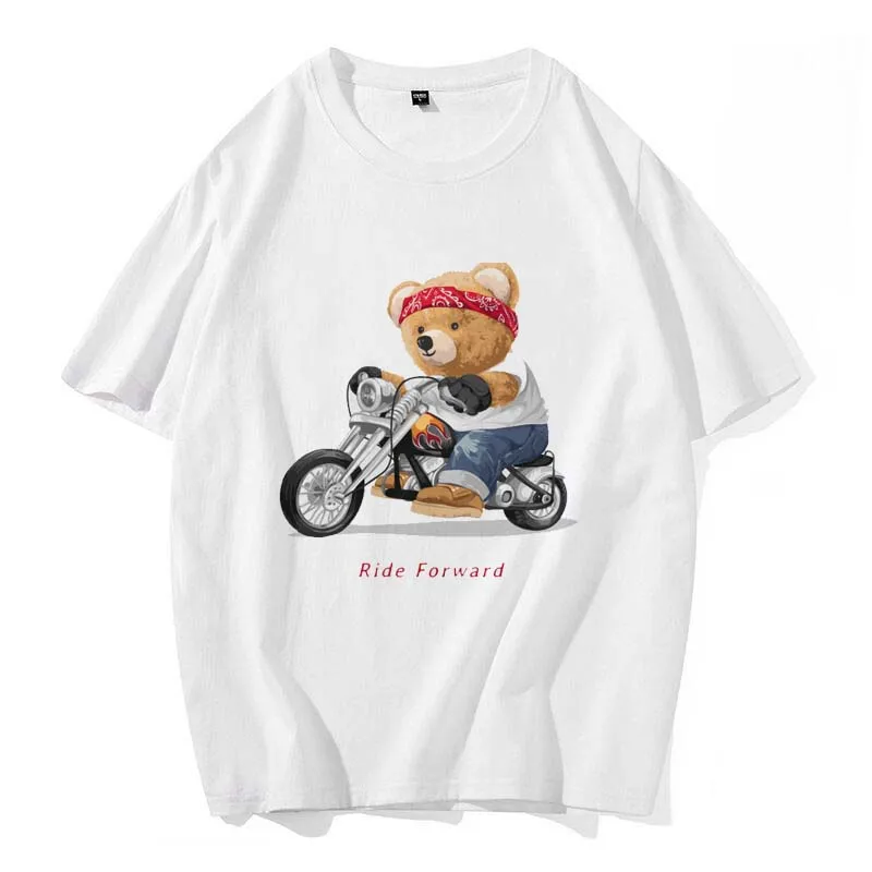 Summer T-shirt Men\'s Fashion Printing Casual Fun Bear Cartoon Pattern Street Top Fashion Versatile Cotton Round Neck T-shirt.