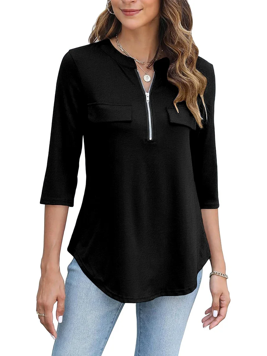 Heißer Verkauf Elegantes Damen-Oberteil mit Reißverschluss und V-Ausschnitt, Schwarzes Top, Modische 3/4-Ärmel-Bluse, Locker Sitzendes T-Shirt mit Tasche, Büro-Damenhemd – Detail 1