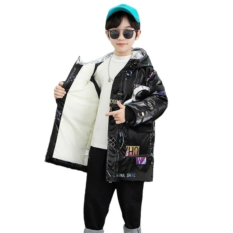 Boys Padded Long Jackets -30β Winter Kids Print Mid-Length Warm Coat Cold Protection Hooded Cotton Parka Outerwear 5-12 Years
