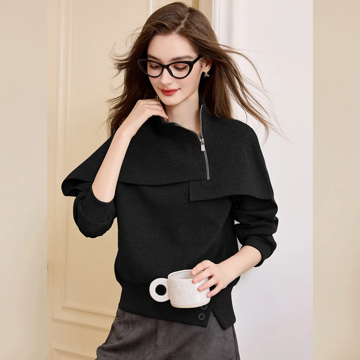 Louis yao gola com capuz feminino 2025 outono elegante casual topo micro elástico design assimétrico camisolas para mulher