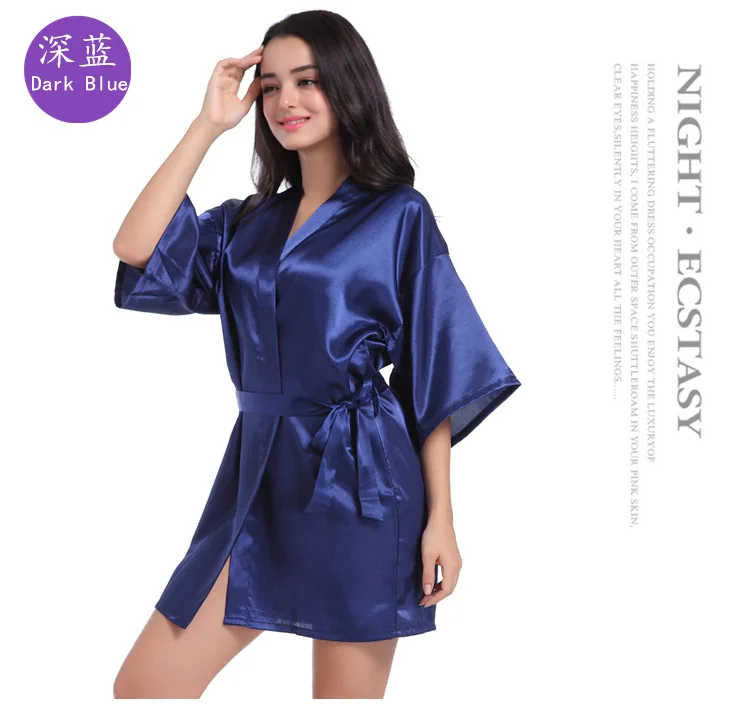 

2022 Women's Nightgown Simulation Silk Satin Kimono Glossy Solid Color Thin Cardigan Spring Autumn Sexy Short Bathrobe Blue