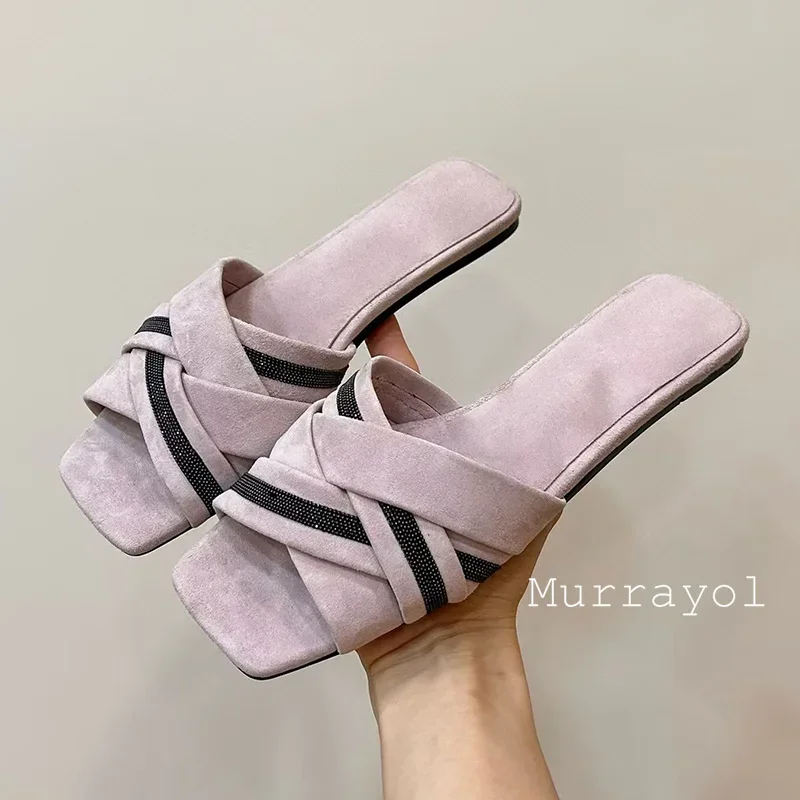 One Strap Weaving Design Flat Bottom Slippers Women Open Toe Genuine Leather String Bead Decor Sandals Summer Vacation Shoes