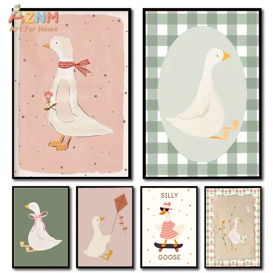AZNM Cute Silly Goose Canvas Wall Art Cartoon Duck Print for Kids Nursery Room Decor