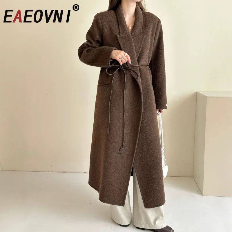 

EAEOVNI Temperament 100% Wool Long Coat Women Fashion Solid Color Lace-up Design Office Lady Jacket 2025 Autumn Winter New