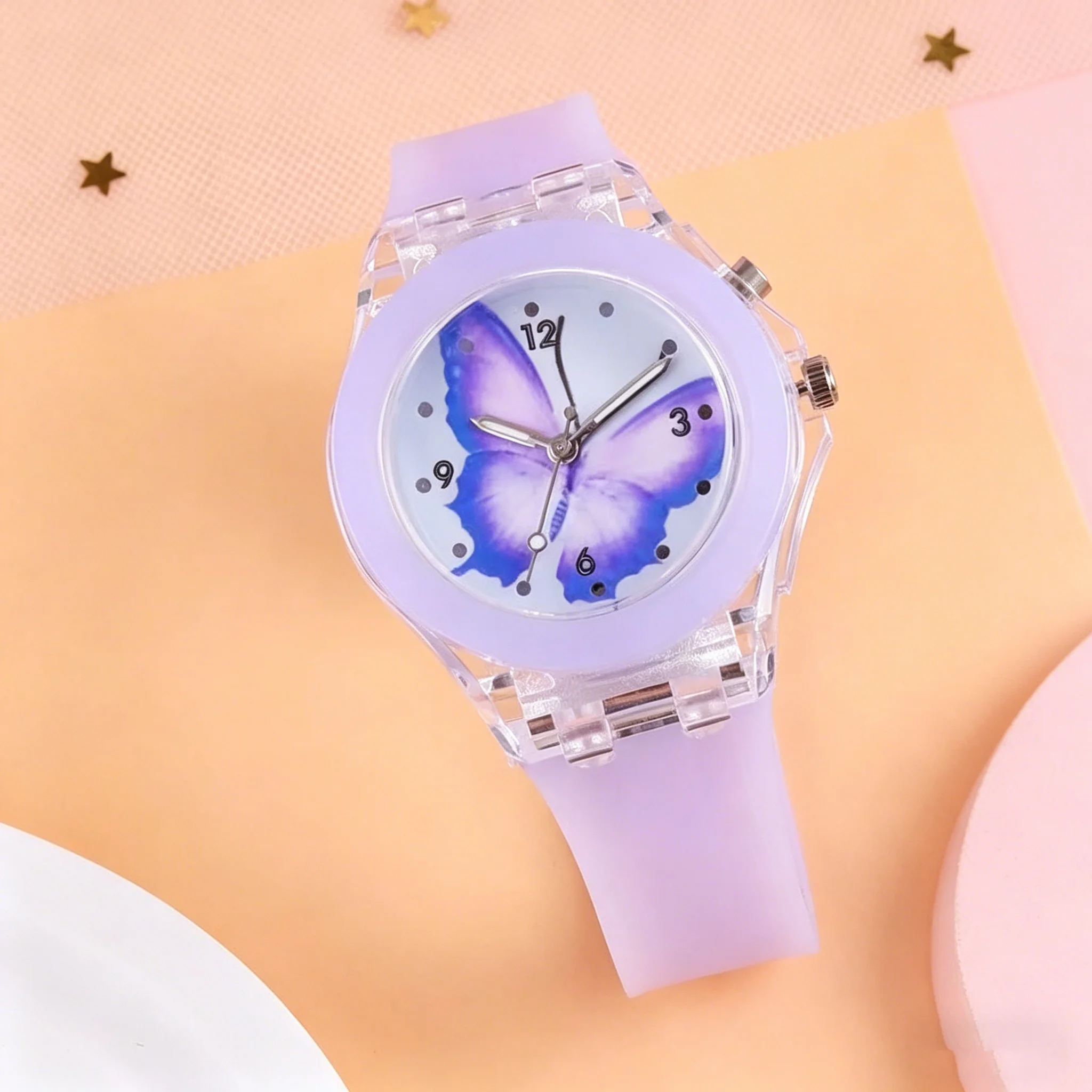 Children's watch with transparent case and silicone strap, cute butterfly pattern simple quartz wristwatch for girls
