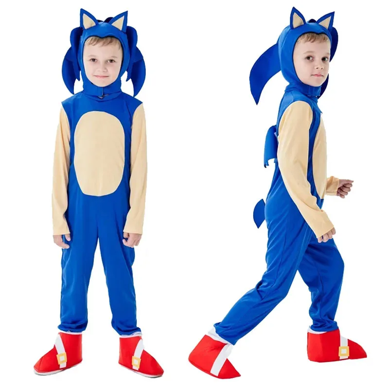 

Anime Kids Blue Sonic Costume Children Boy Gilr Cute Jumpsuit Gloves Hat Suit Haloween Carnival Party stage performance Clothes