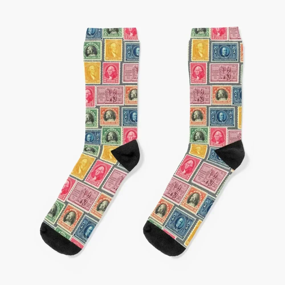 US Postage Stamp Collage Socks Wholesale winter thermal Antiskid soccer moving stockings Designer Man Socks Women's