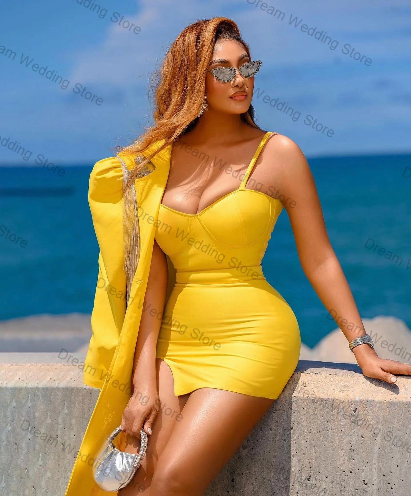 

Yellow Women Suit Skirt Set 3 Pcs Blazer+Top Bra+Prom Dress Shiny Crystals Formal Office Lady Jacket Customized Wedding Coat