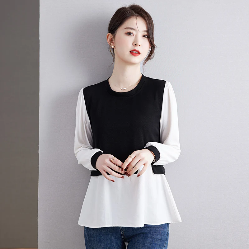 Spring And Autumn Women'S New Round Neck Fashion Versatile Fake Two Piece Shirts Female Casual Loose Long Sleeve Underlay Lady