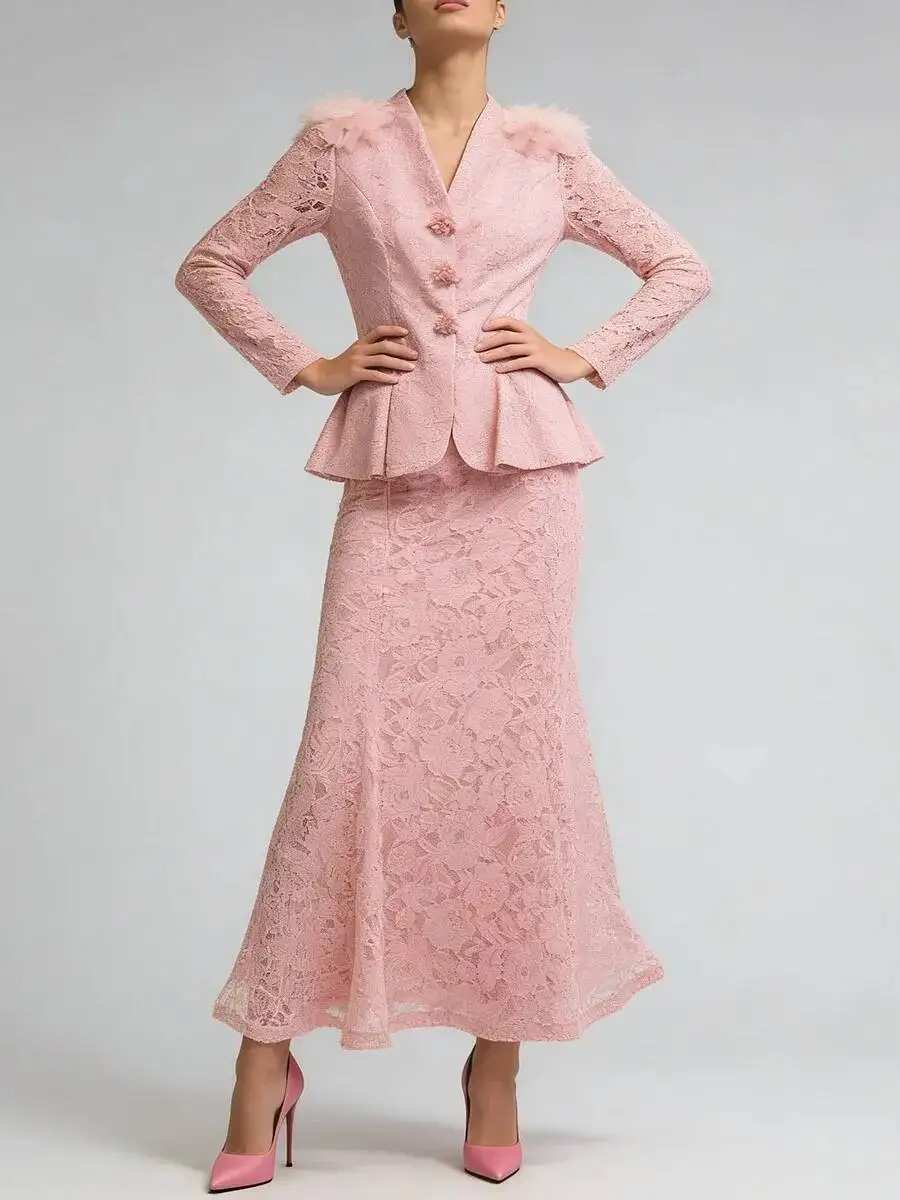 FANAN Pink Lace Two Piece Sets For Women V Neck Long Sleeves Spliced 3D Flower Top High Waist Skirt Elegant Set Female 2026 New view 2