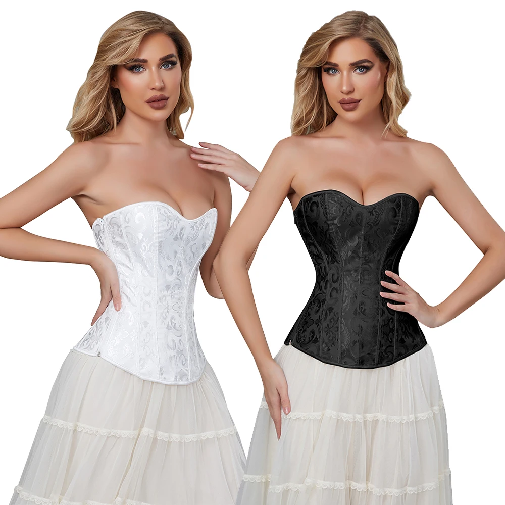 Corset à Lacets avec Fermeture Éclair Latérale pour Femme, Bustier Désossé, Jacquard Noir, Corselet Gothique