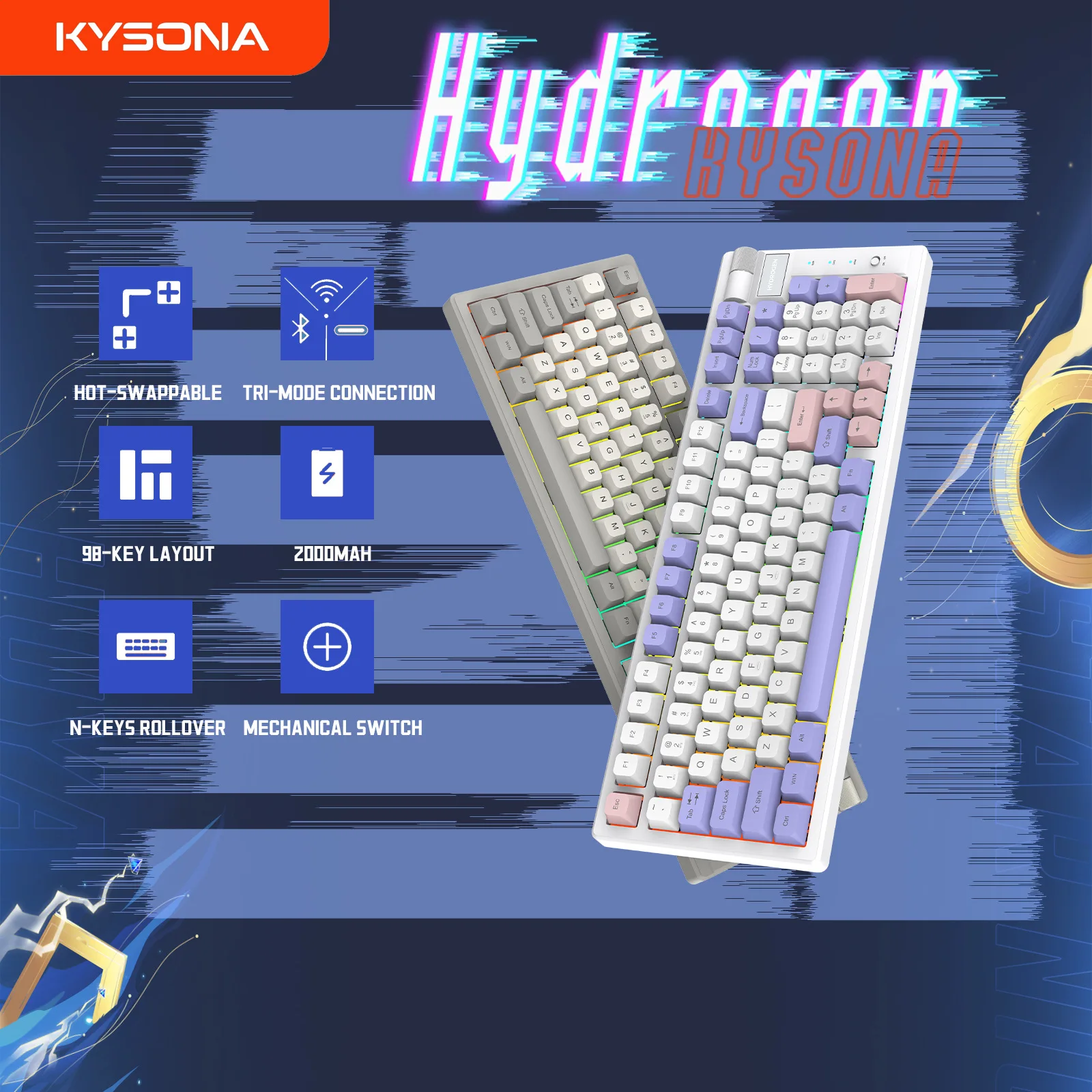 Kyona Hydrogen Mechanical Keyboard Full Key Hot Swappable Shaft Three Mode Wireless Bluetooth Gaming Keyboard For Esports Games