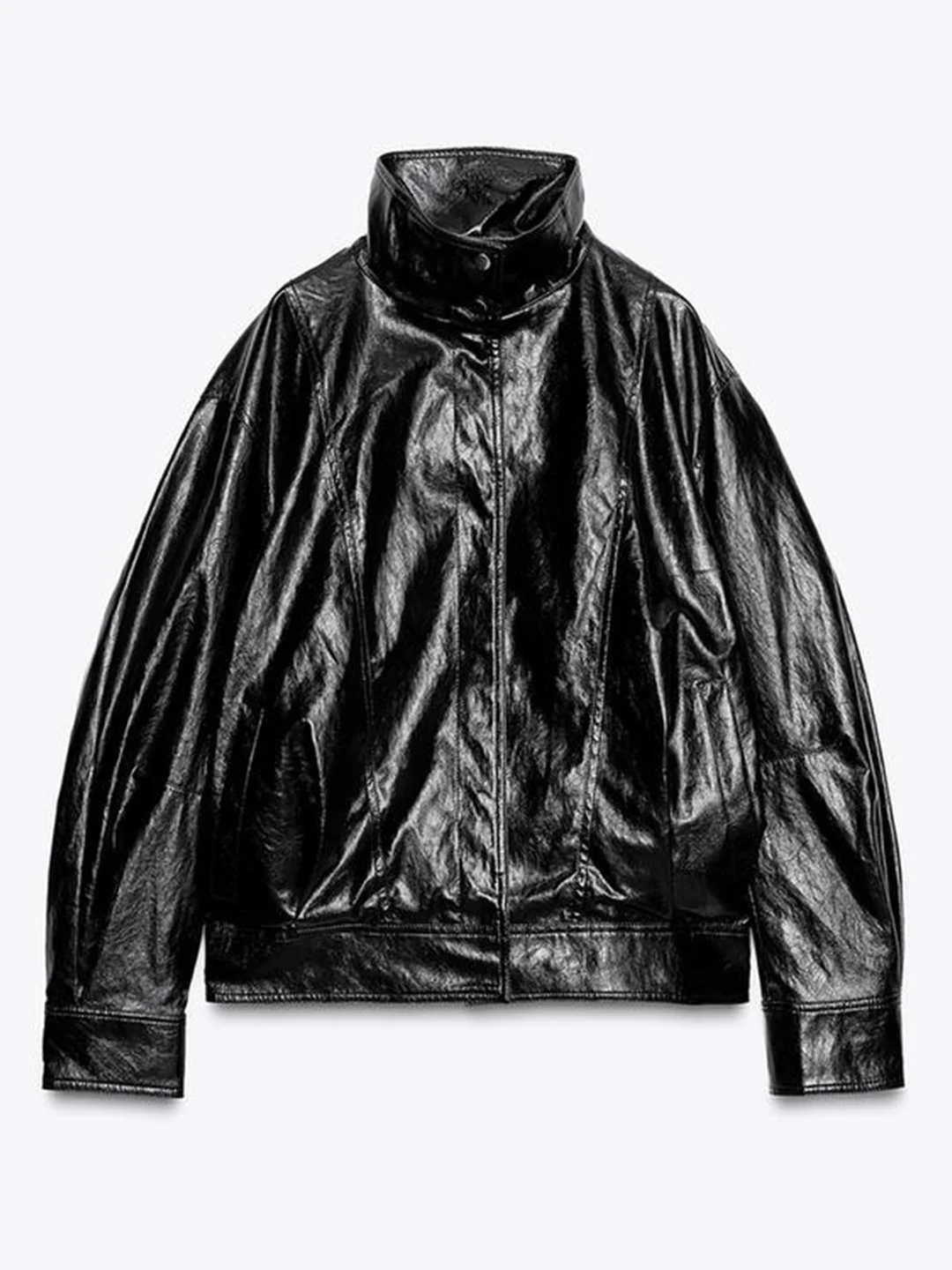 ini Pelle Jaet Collo alto Lungo Sve Cappotto casual in pelle PU con orlo gonfio da donna per la stagione autunnale 354825