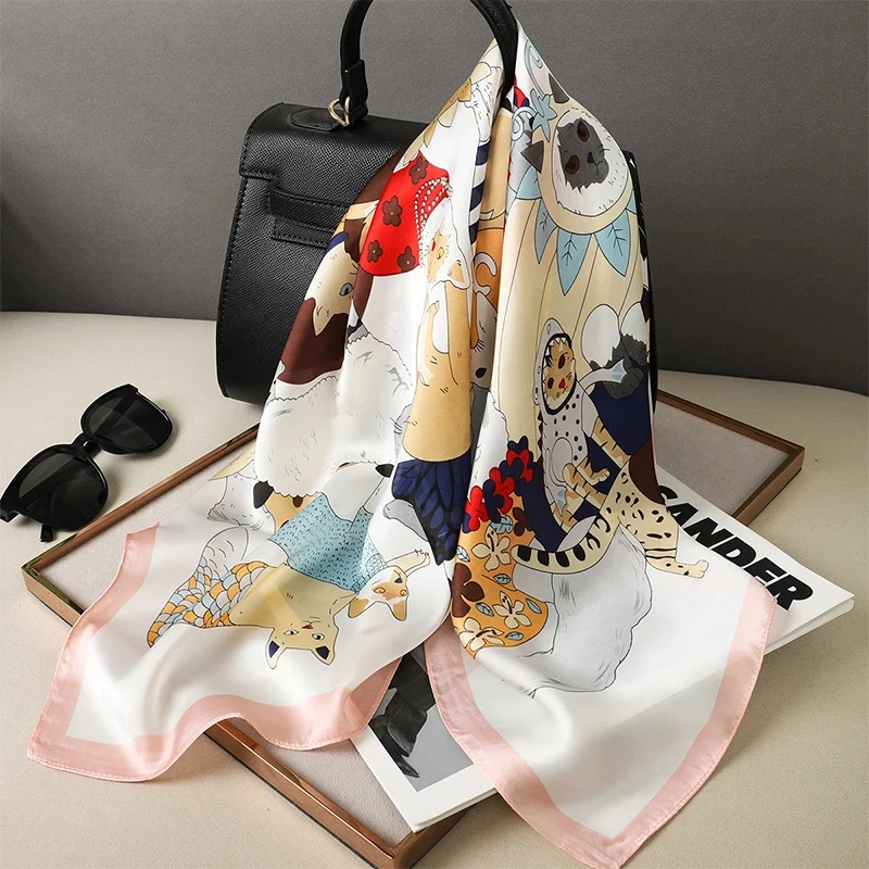 2023 Luxury 70cm Silk Square Scarf Women Print Satin Neck Tie Female Hair Wrisr4t Bandana Headkerchief Shawl Wrap Hijab Echarpe