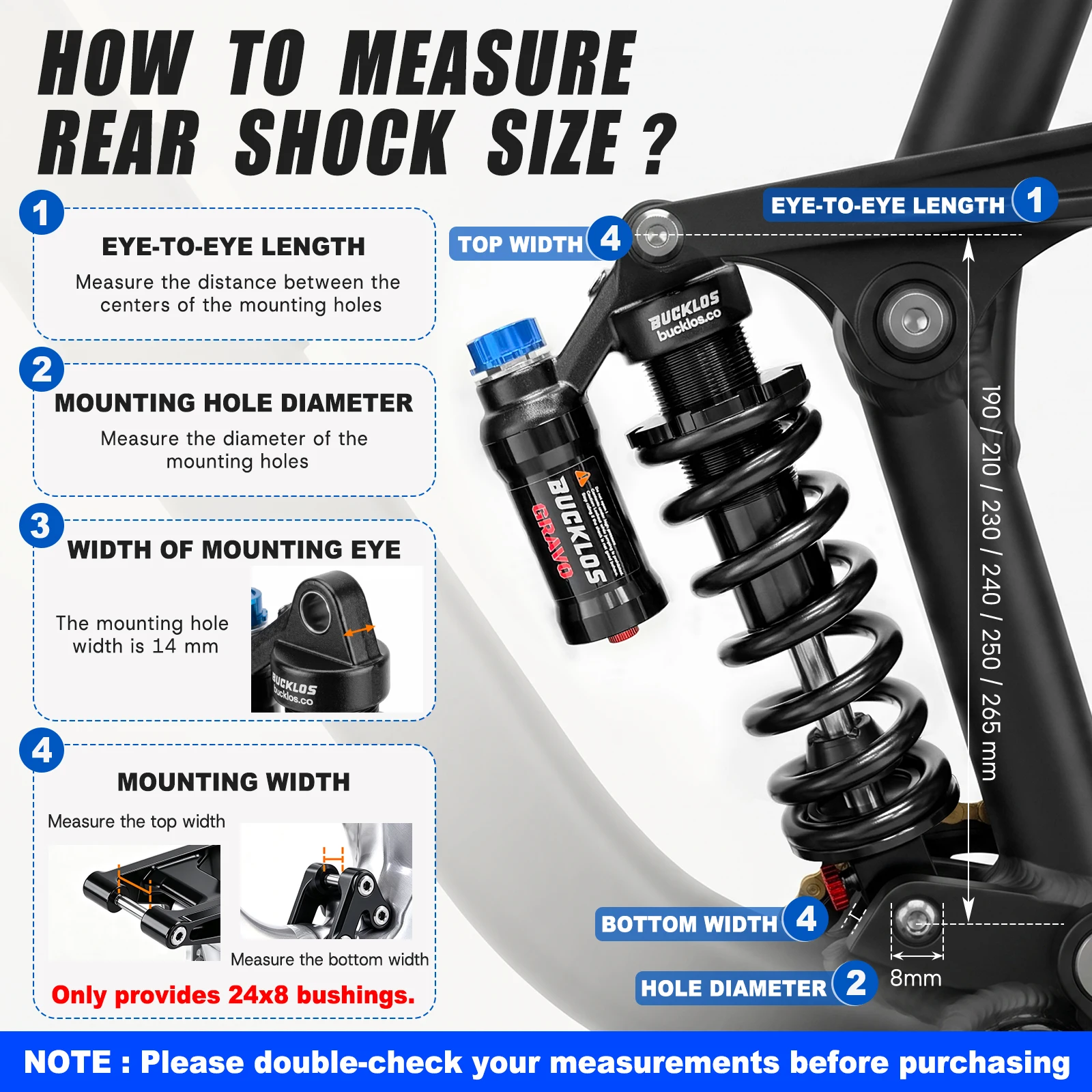 BUCKLOS Bike Rear Shock Absorber 550LBS Adjustable Compression Rebound Air Pressure Replaceable Heavy Duty Spring MTB Suspension