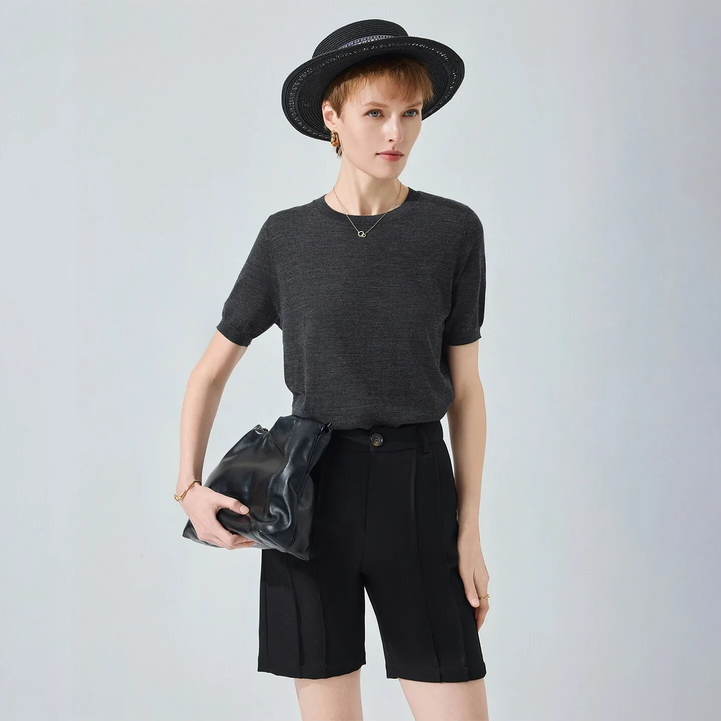 100% cashmere short sleeve round neck knitted sweater seamless T-shirt solid color backing